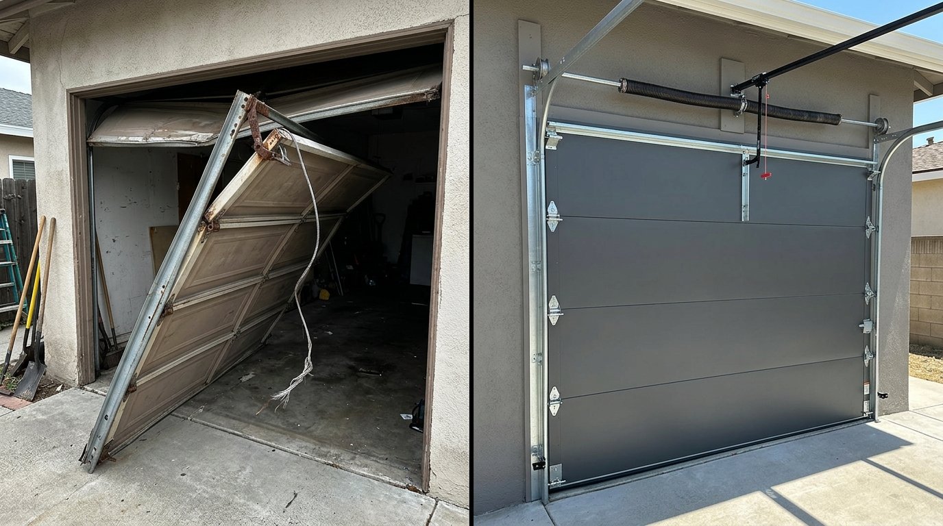 Before and after off-track garage door repair in Midland TX