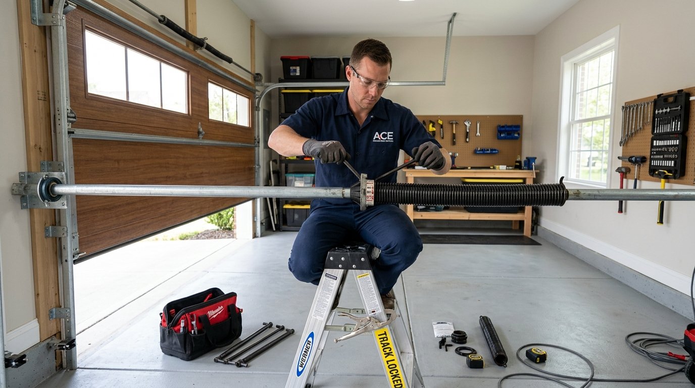 Garage door technician replacing broken torsion spring in Midland TX
